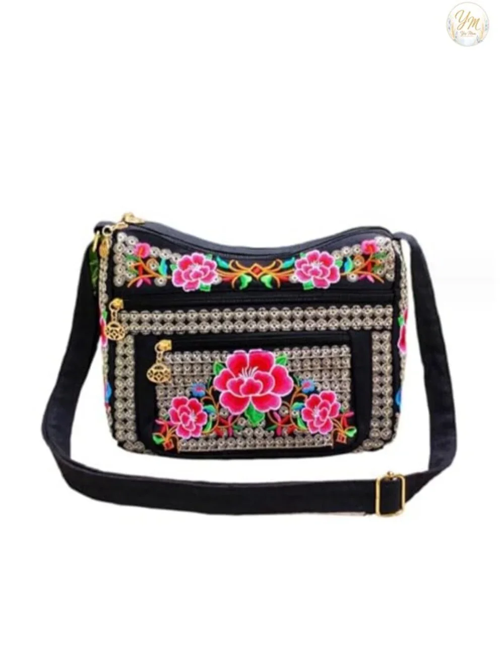 Canvas Embroidered Hobo Crossbody Bag, Adjustable Strap, Multipocket Purse